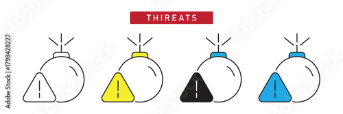 Security Threats Icon: Bomb with Warning Triangle Sign, Danger and Risk Symbol.