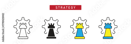 Business Strategy Icon: King Chess Piece with Gear, Planning and Tactics Management Symbol.