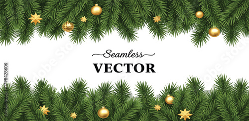 Seamless vector illustration of realistic fir branches adorned with golden baubles and stars, creating a festive holiday border for winter season designs