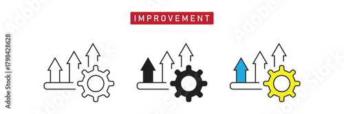 Continuous Improvement Icon: Gear with Upward Trend Arrows, Growth and Progress Symbol.