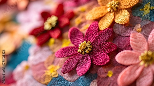 Close-up of vibrant, handcrafted fabric flowers in various colors and textures.
