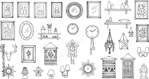 Hand-drawn sketch collection of home decor items. Detailed illustrations of wall art, frames, mirrors, clocks, shelves, lamps, plants, macrame, and decorative objects for interior design.