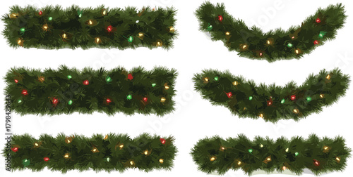A vibrant collection of festive Christmas garlands featuring sparkling red, green, and golden lights, ideal for holiday season decorations, graphic design elements, and winter celebration themes