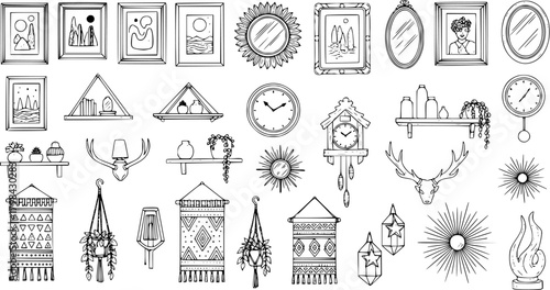 Boho Rustic Home Decor Doodle Set: Hand-Drawn Collection of Wall Art, Mirrors, Shelves, Clocks, Macrame, Plants, Antlers, and Decorative Elements.