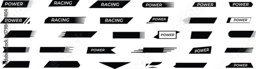 Collection of graphic banners and badges for design projects, including speed and motion elements, perfect for branding and sports themes