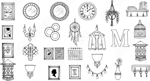 Hand-drawn Sketch Doodle Home Decor Objects Collection - Vintage  Boho Style Interior Design Elements