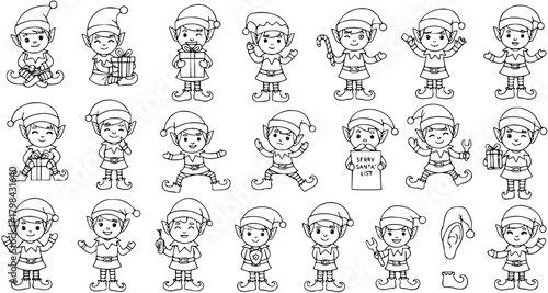 Cute Christmas Elves Line Art Collection. Hand-drawn outline vector illustration set of cheerful Santa's helpers in various poses, perfect for holiday designs and coloring books.