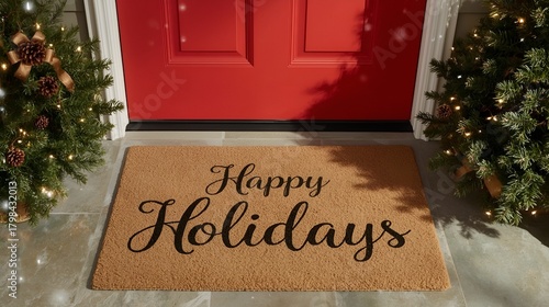 a coir mat saying happy holidays by the main entrance door