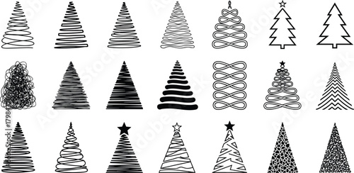 Hand-drawn sketch collection of stylized Christmas trees. Assortment of black line art icons for festive winter holiday designs