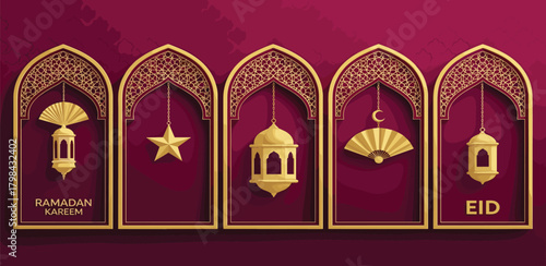 Ramadan Kareem and Eid Mubarak Golden Lanterns, Star, and Fan on a Burgundy Background