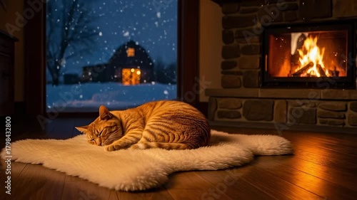 Cozy Orange Tabby Cat Sleeping Indoors by a Fireplace with Snowy Landscape Outside at Night