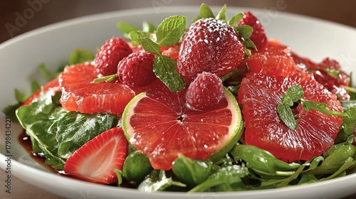 A plate of fruit salad with strawberries, raspberries, and oranges. The salad is garnished with mint leaves and sugar