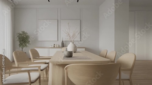 Dining table and chairs in a bright Scandinavian interior