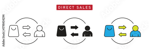 Direct Sales Icon: Shopping Bag and Person with Arrows, Customer to Business Transaction.