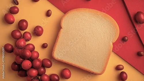 A slice of bread is on a table with a bunch of red berries. The bread is empty and the berries are scattered around it. The image has a simple and natural feel to it, with the bread