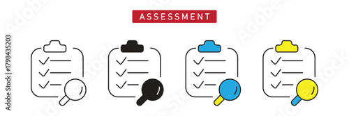 Assessment Icon: Checklist Document with Magnifying Glass, Review and Evaluation Symbol.