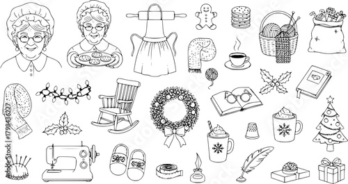 Vintage style hand-drawn doodle collection featuring a grandmother, Christmas items, and cozy crafting elements like knitting, sewing, and baking, perfect for holiday and home projects.