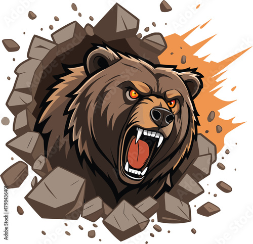 Powerful Brown Bear Mascot Illustration Raging Through Wall with Debris and Rocks Flying