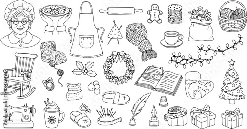 Cozy Christmas Granny Scene: Hand-Drawn Festive Illustration