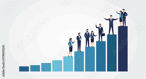 Business professionals ascending a bar graph representing growth and success