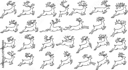 Black and white seamless pattern of various jumping and running reindeer with different antler styles, outline illustration for Christmas and winter holiday designs.