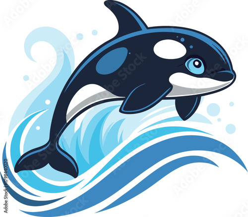 Dynamic cartoon killer whale illustration leaping joyfully from vibrant ocean waves with a playful splash, embodying energetic marine life