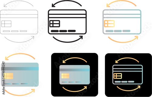 Set of Credit Card Icons with Circular Arrows, Illustrating Transactions and Payments