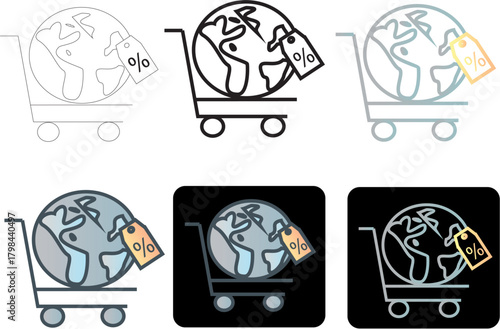 Global E-commerce and International Sales Vector Icon Collection World Globe in Shopping Cart with Discount Tag, Representing Worldwide Online Transactions and Business
