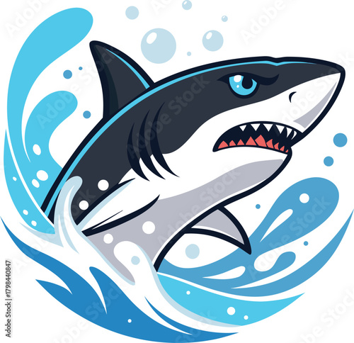 Dynamic Apex Predator Shark Leaping from Ocean Waves, Illustrating Power and Wild Marine Life with Aggressive Energy