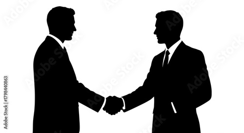 Silhouettes of two men in suits shaking hands against a white background