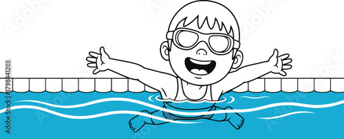 Cartoon child swimming, pool fun, swim goggles, water splash, happy kid, summer activity, blue waves, tiled edge, joyful expression, aquatic motion