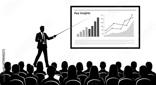 Silhouette of a presenter at a screen with charts, addressing an audience