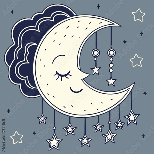 Sleeping Crescent Moon with Stars and Clouds Mobile illustration
