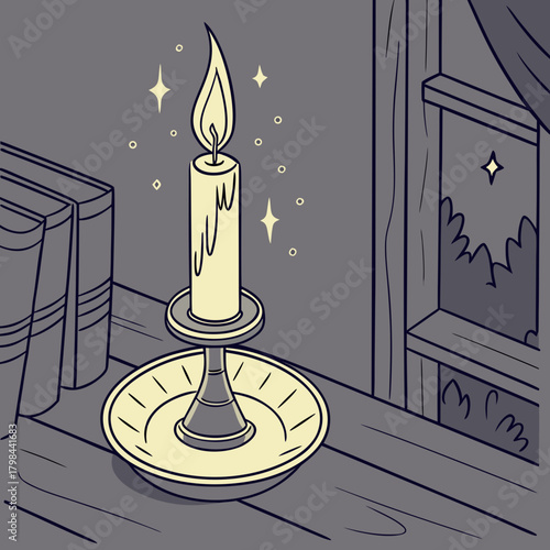Candle burning by a window with books and a fireplace flame light