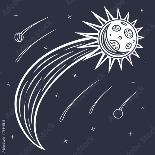 Stylized Comet with Fiery Tail in Starry Night Sky space stars