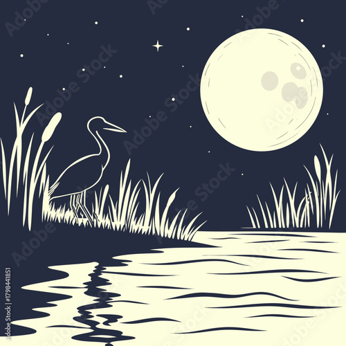 Heron Standing by Water Under a Full Moon at Night bird lake