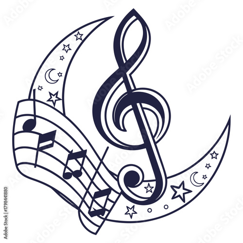 Musical Notes and Treble Clef with Crescent Moon and Stars musical staff