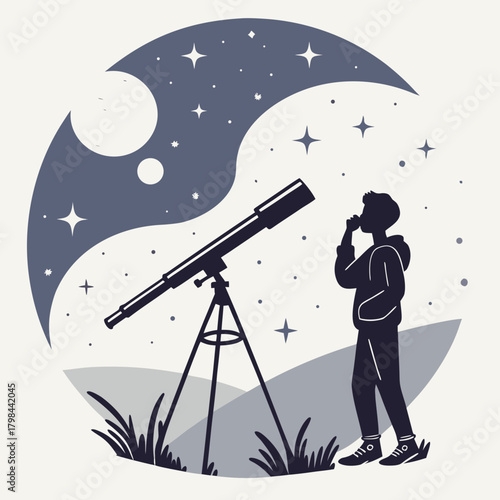 Silhouette of Person Observing Stars with Telescope Under Yin Yang Sky astronomy