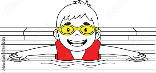 Child in swimming pool, wearing life vest, yellow goggles, smiling, water safety, summer activity, fun, happy kid, aquatic background, cartoon style