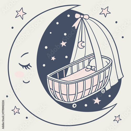 Baby crib suspended from a smiling moon with stars and a pink bow bassinet cradle