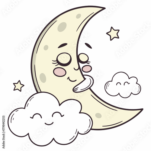 Cute Crescent Moon with Sleeping Clouds and Stars on White Background Keywords: moon, crescent