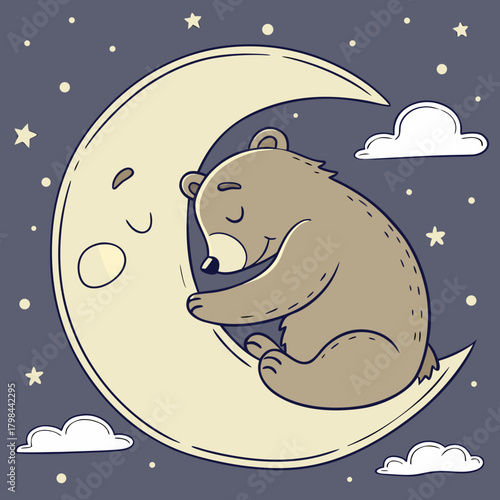 Sleeping Bear Cub On A Crescent Moon With Stars asleep