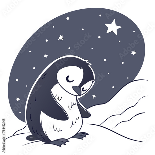 Cute cartoon penguin sleeping under starry night sky animal bird