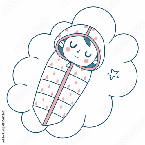 Happy Baby In Sleeping Bag With Raindrops In Cloud smiling sack