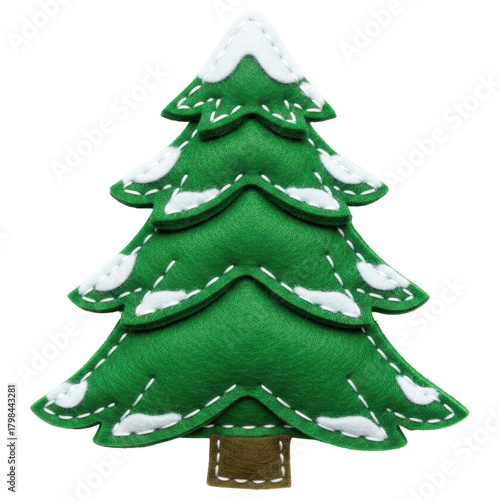 Handmade green felt christmas tree with white snow details and decorative stitching