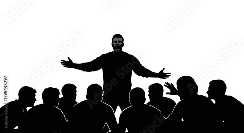 A dynamic speaker commands attention from a captivated audience, silhouetted against white