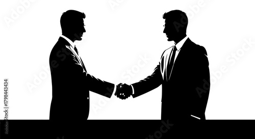 Two silhouetted businessmen in suits shaking hands firmly against a white background