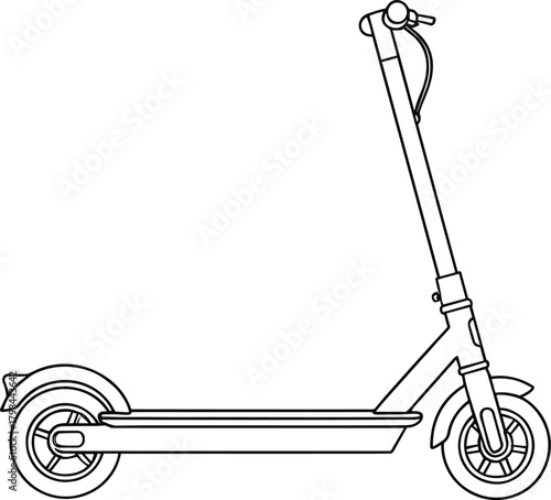Electric scooter line drawing, black and white sketch, eco transport illustration, urban mobility concept, personal vehicle, minimalist design, handlebars, wheels