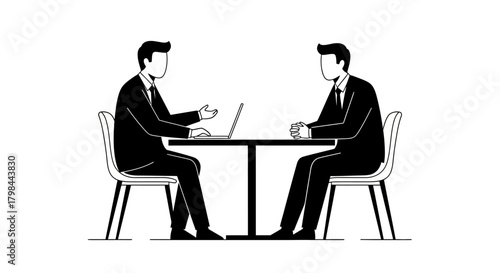 Two professionals in suits sit across a table, one using a laptop, engaged in discussion