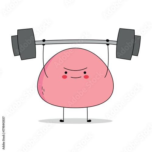 Cute pink mochi food cartoon character lifting weight barbell doodle
